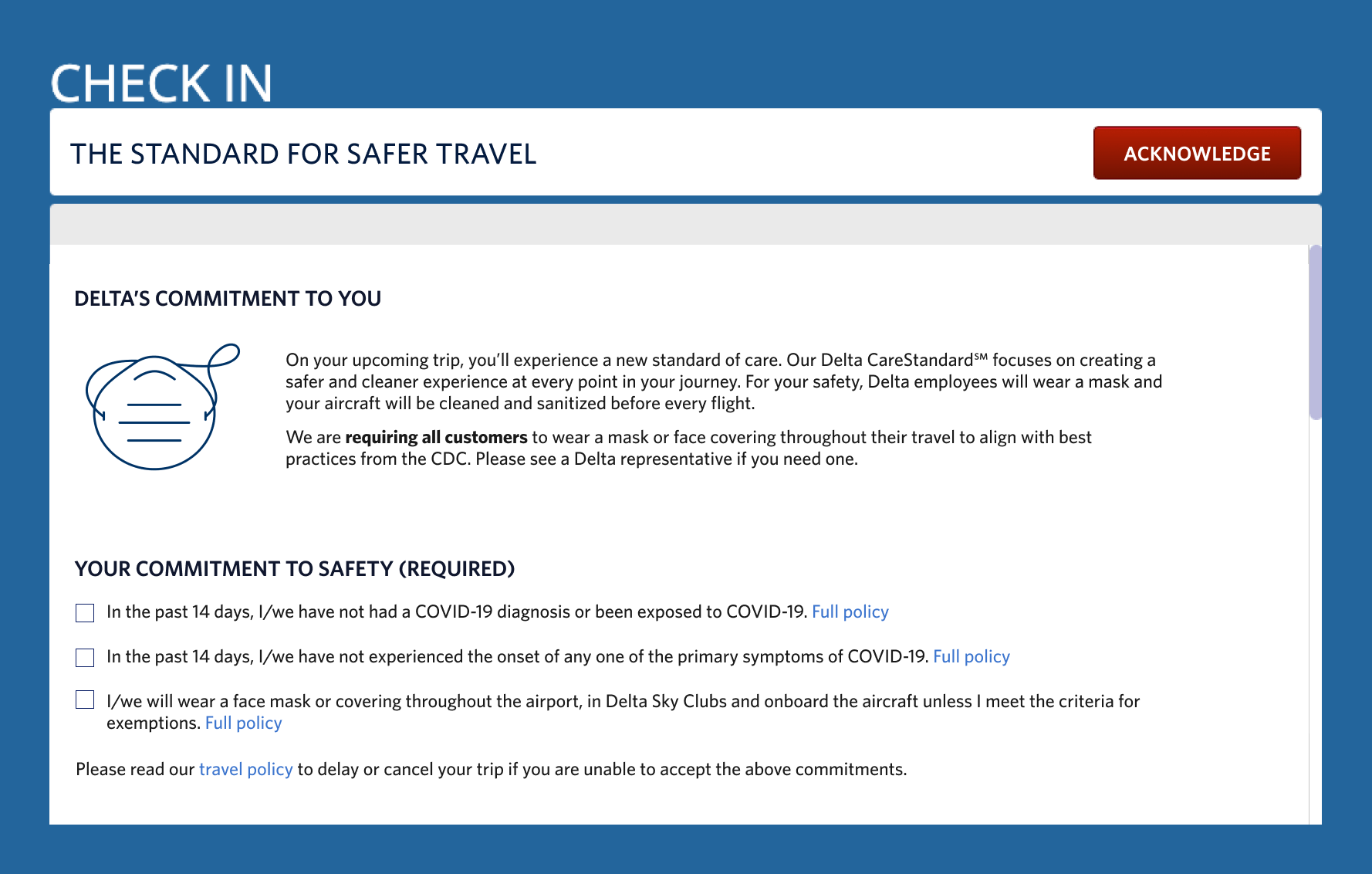 Delta adds customer health screening and mask acknowledgment
